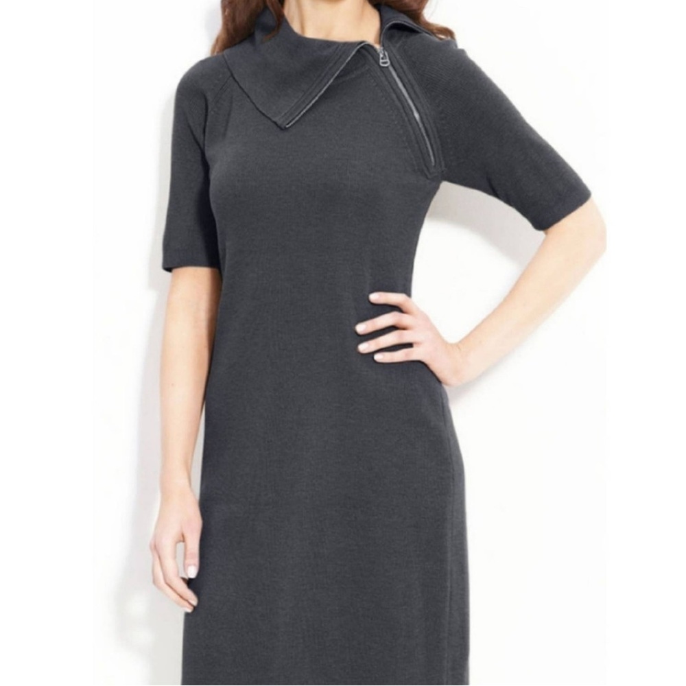Calvin Klein Grey Asymmetrical Zip Collar Sweater Dress